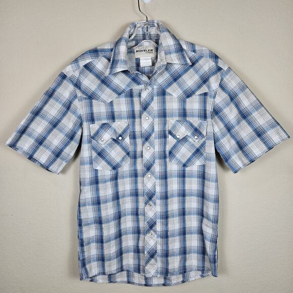 Rustler by Wrangler Mens Pearl Snap Plaid Cotton Western Cowboy Metallic Blue S - Picture 15 of 15